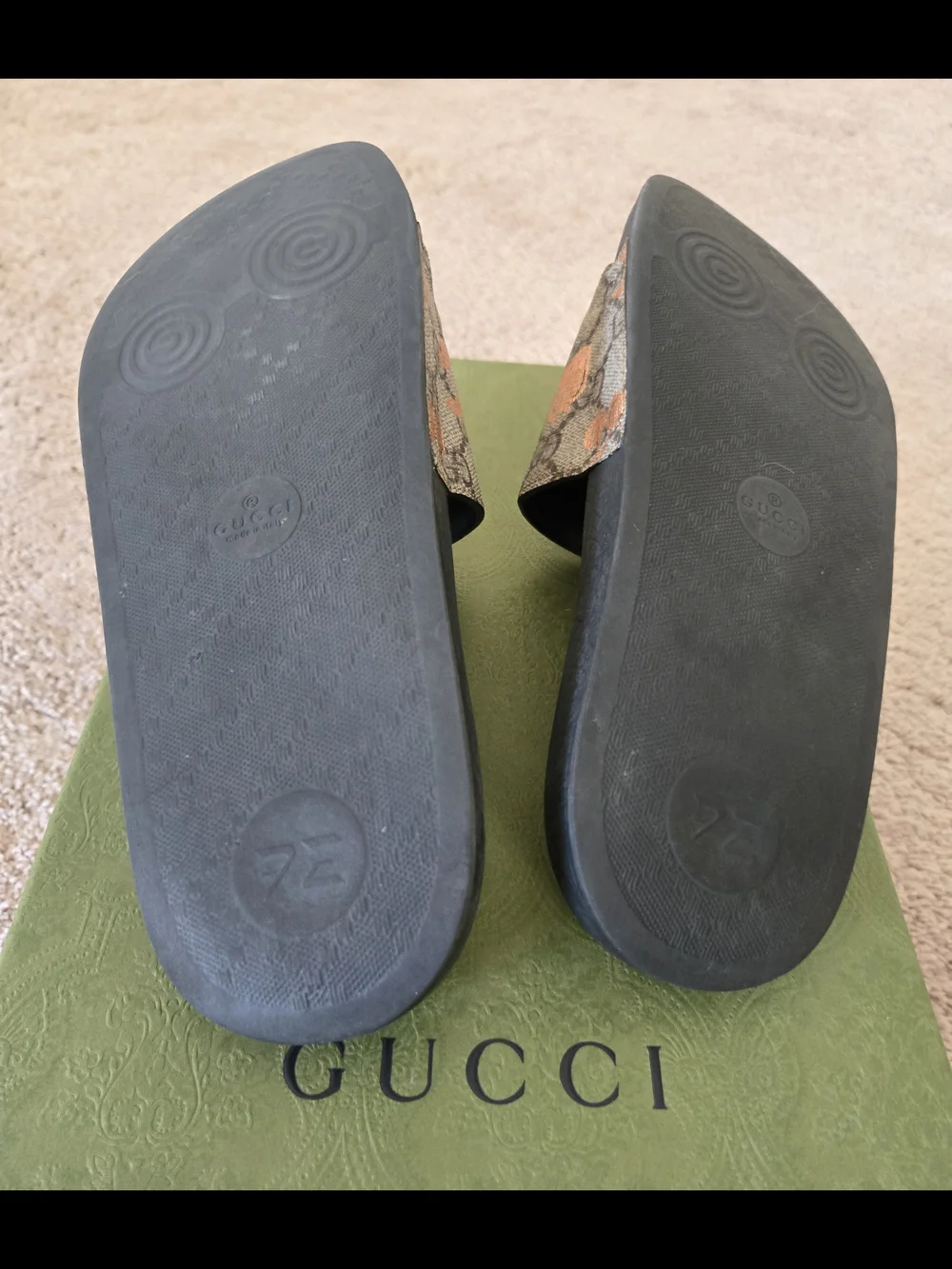 Gucci Monogram Strawberry & Cherry Slide Sandals - Beige/Black